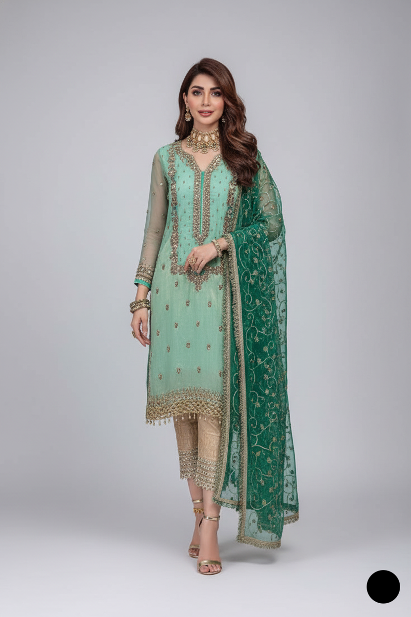 Pure resham karandi hand embroidered shirt KB P235 - Pakistani women's luxury party wear front view