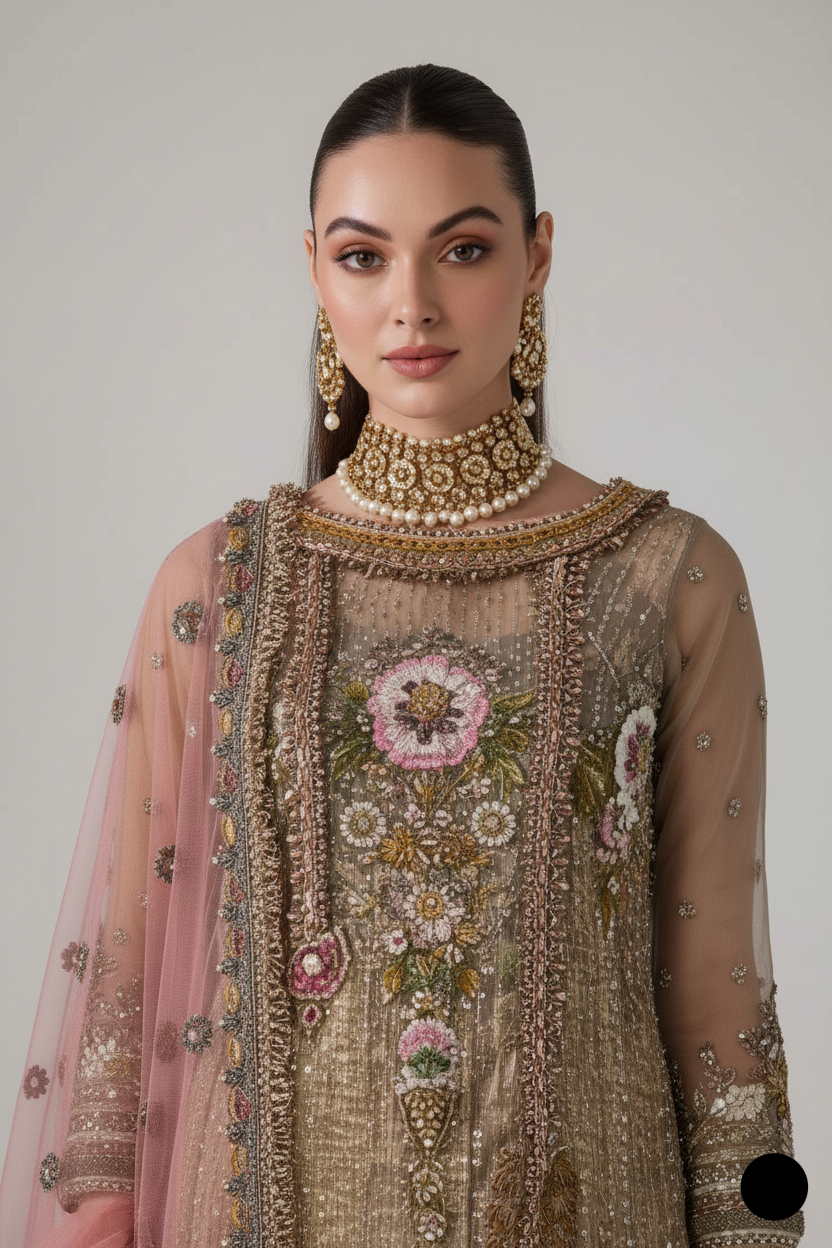 Gold hand embroidered Pakistani women's luxury suit side view