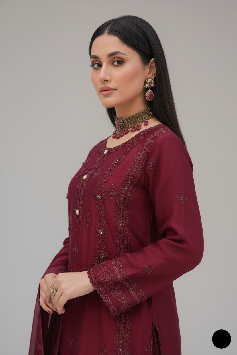 Pakistani women's maroon silk straight shirt back view
