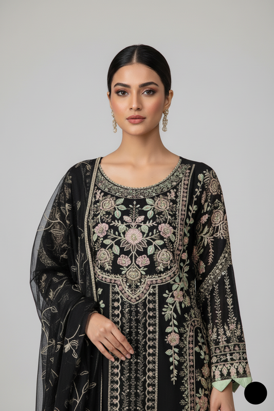 Black chiffon Pakistani women's straight shirt with plazo side view