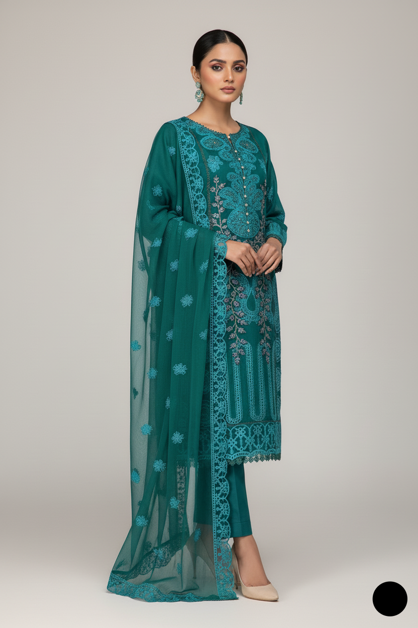 Pakistani women's sea green chiffon straight shirt plazo detail view