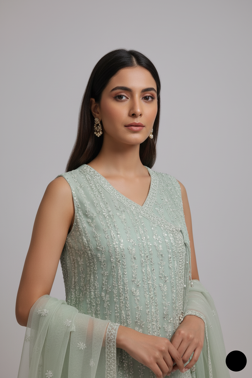 ABL 3771 masuri net Pakistani women's angrakha frock side view