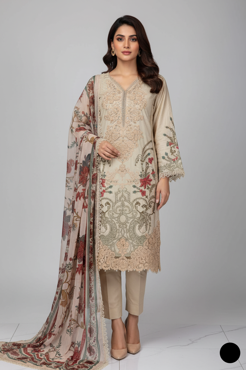 Organza A-Line shirt skin - Pakistani women's elegant formal wear with viscose trouser and organza dupatta front view