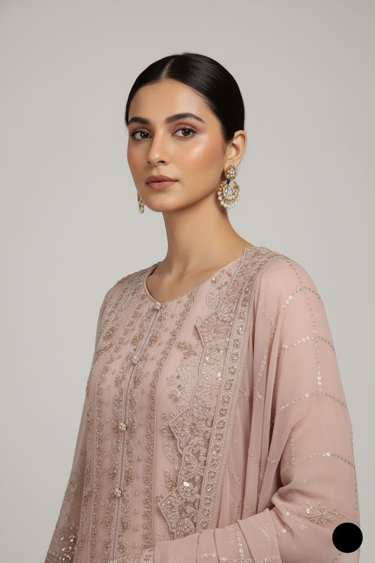 Tea pink silk Pakistani women's short shirt side view