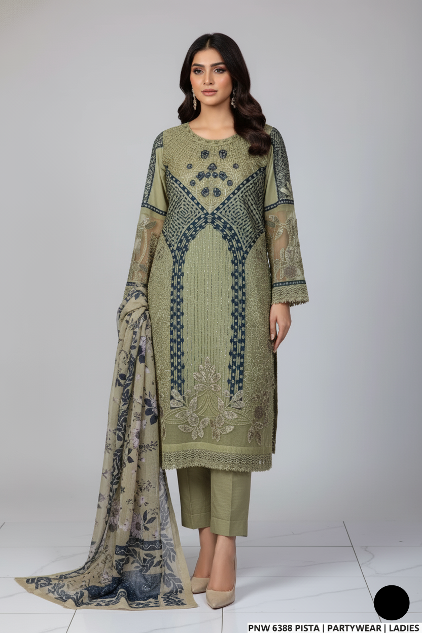 Chiffon straight shirt plazo pista green - Pakistani women's party wear with viscose plazo and chiffon dupatta front view