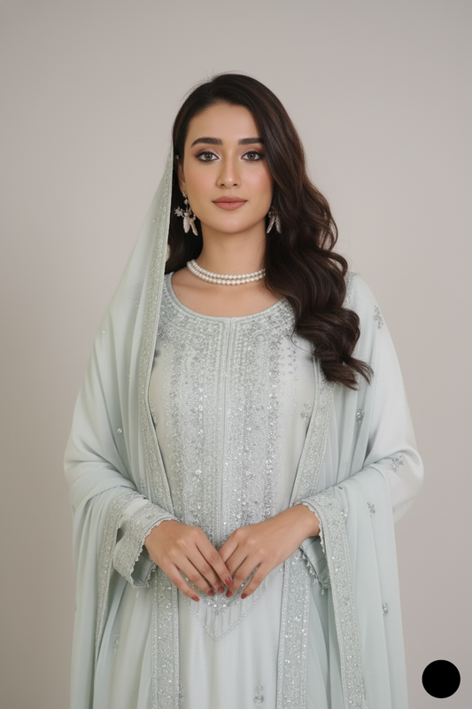 Aqua silk Pakistani women's straight shirt side view