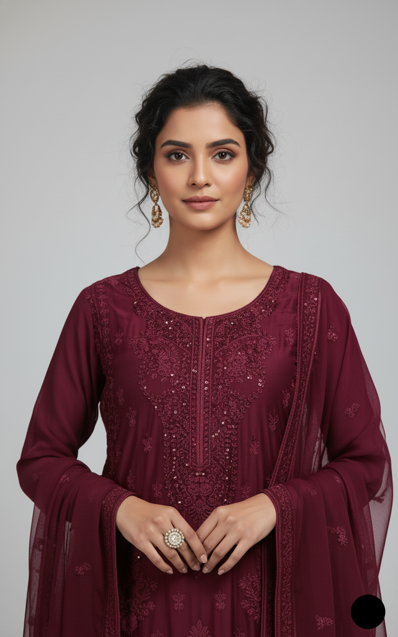 Maroon silk Pakistani women's straight shirt side view