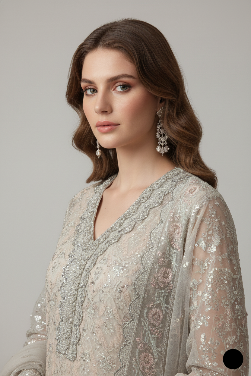 Pakistani women's skin organza open shirt detail view