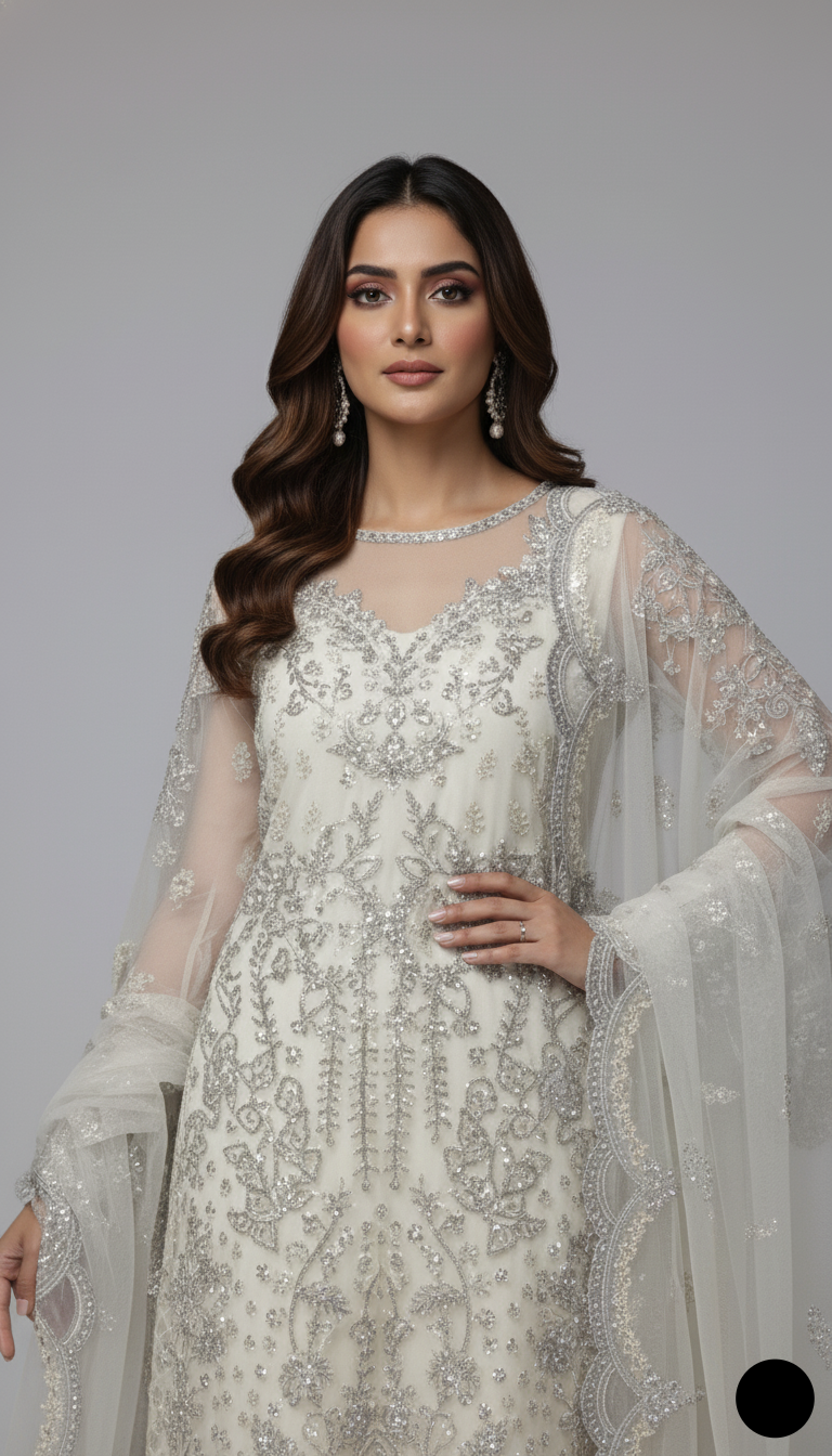 Off white organza Pakistani women's A-Line shirt side view