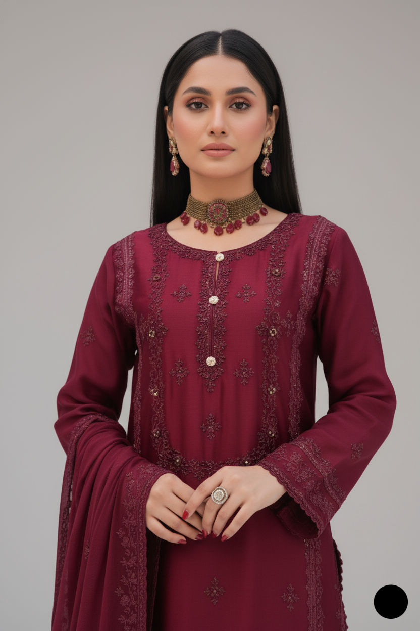 Maroon silk Pakistani women's straight shirt side view