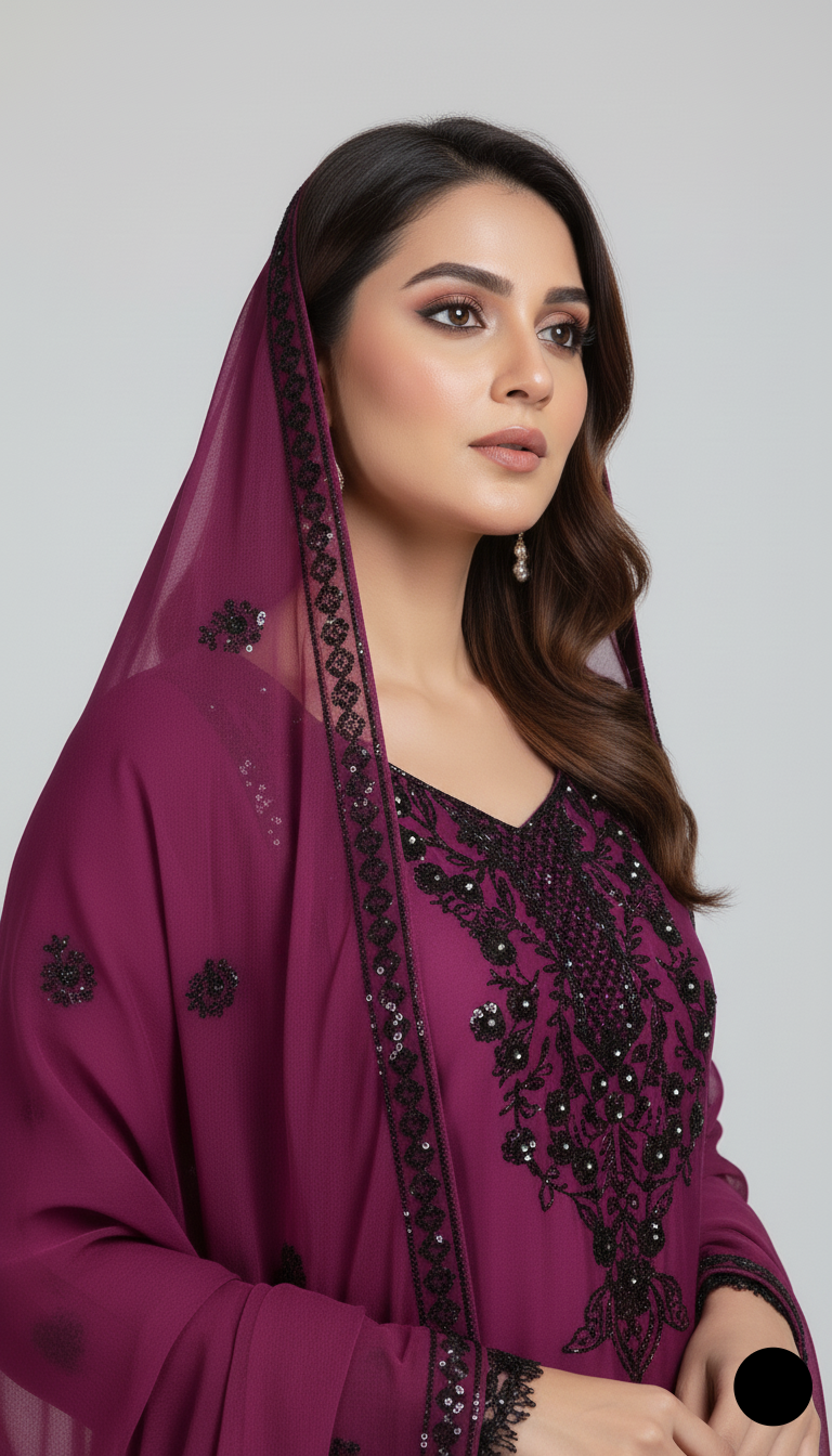 Plum silk Pakistani women's straight shirt side view