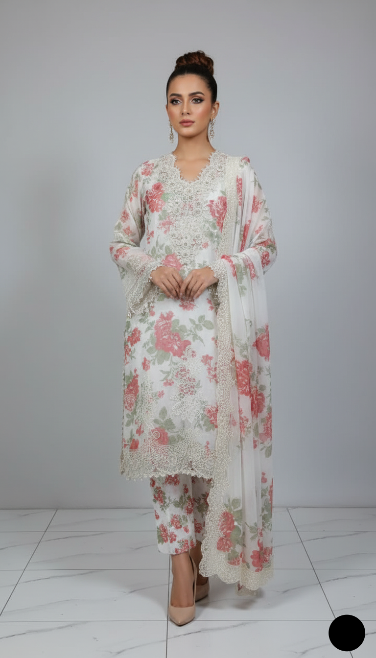 Organza A-Line shirt rust white - Pakistani women's elegant formal wear with viscose trouser and organza dupatta front view