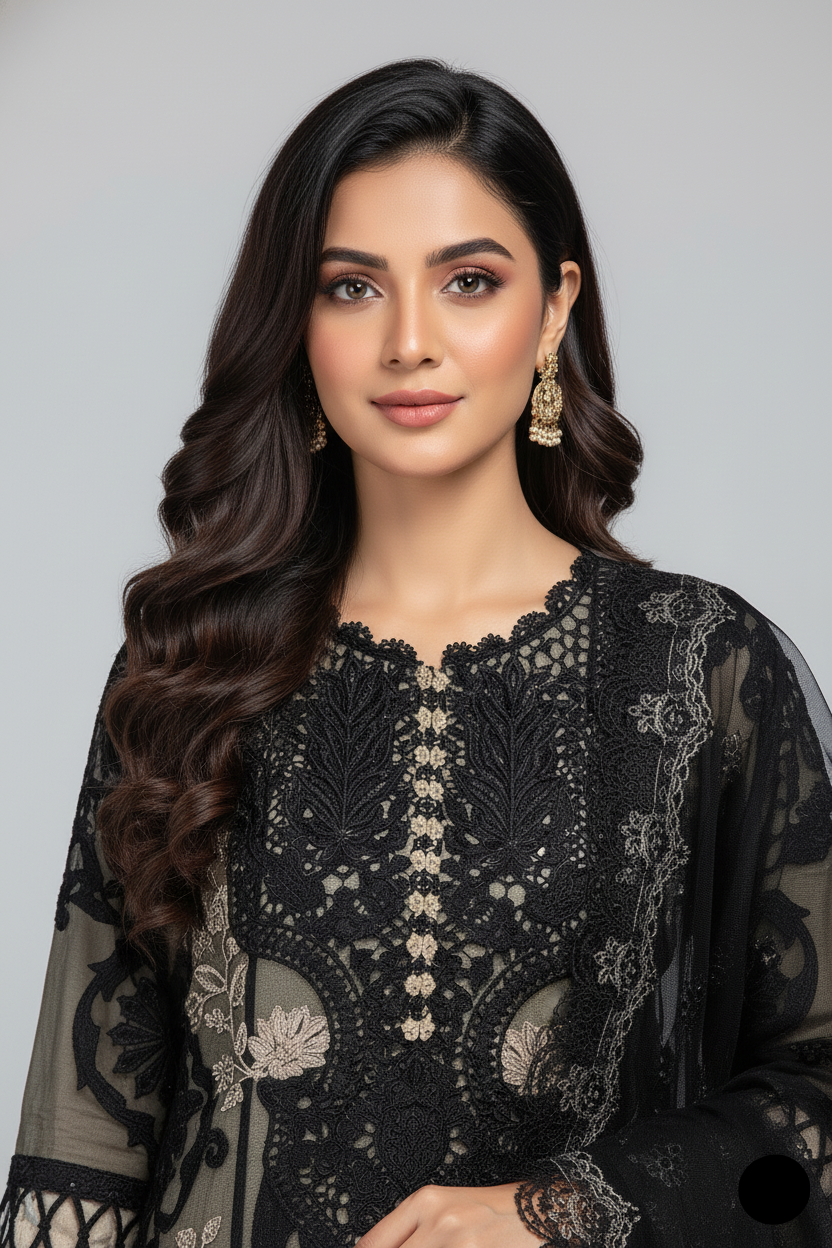 Black organza Pakistani women's A-Line shirt side view