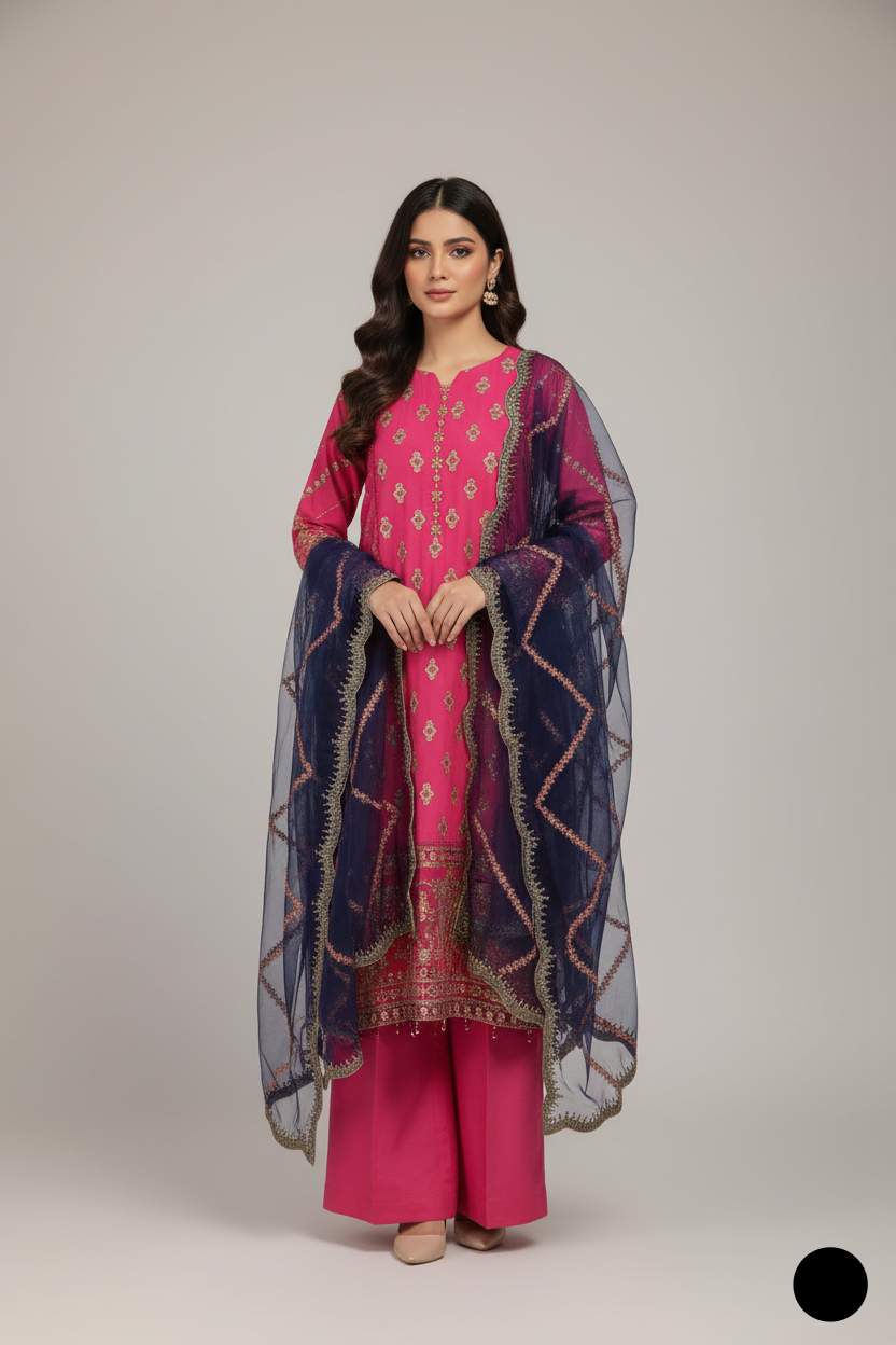Chiffon straight shirt plazo PNW 6310 - Pakistani women's elegant party wear with grip plazo and organza dupatta front view