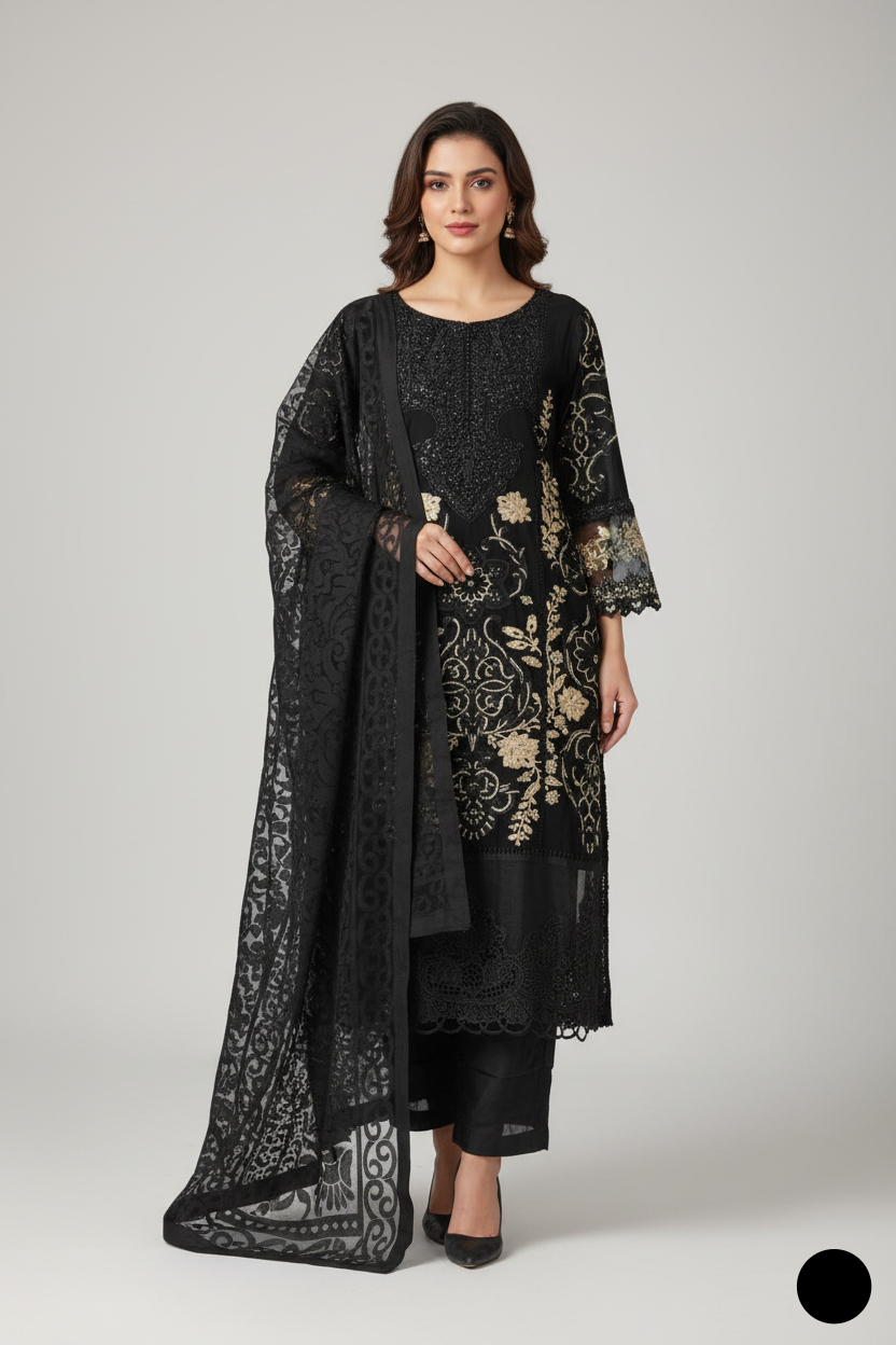 Chiffon straight shirt plazo black - Pakistani women's party wear with viscose plazo and chiffon dupatta front view