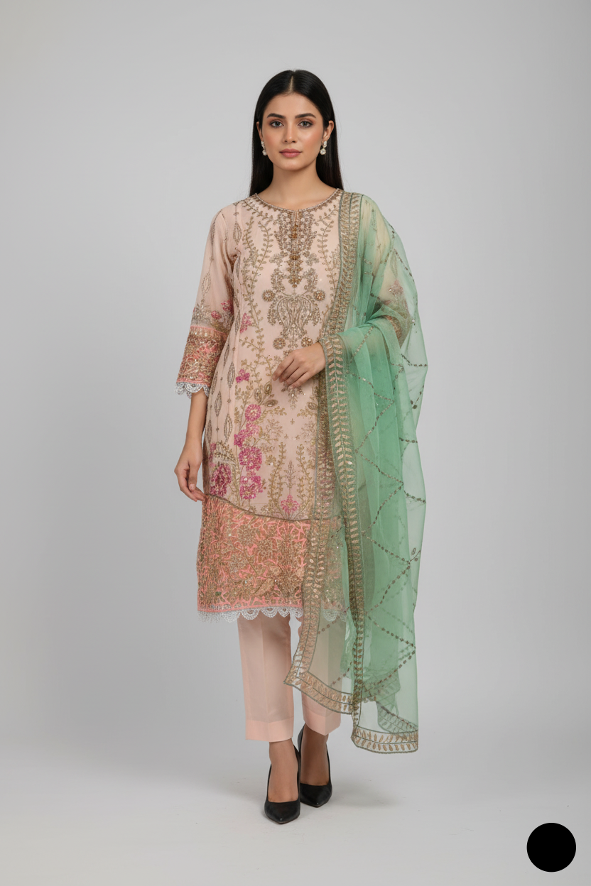 Chiffon straight shirt PNW 6269 - Pakistani women's elegant outfit with grip trouser front view