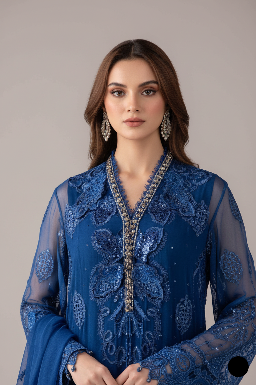 Royal blue organza Pakistani women's A-Line shirt side view