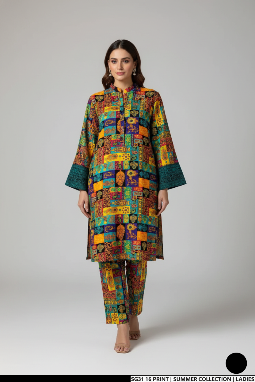 Lawn A-Line printed shirt - Pakistani women's casual summer outfit with cotton trouser and lawn dupatta front view