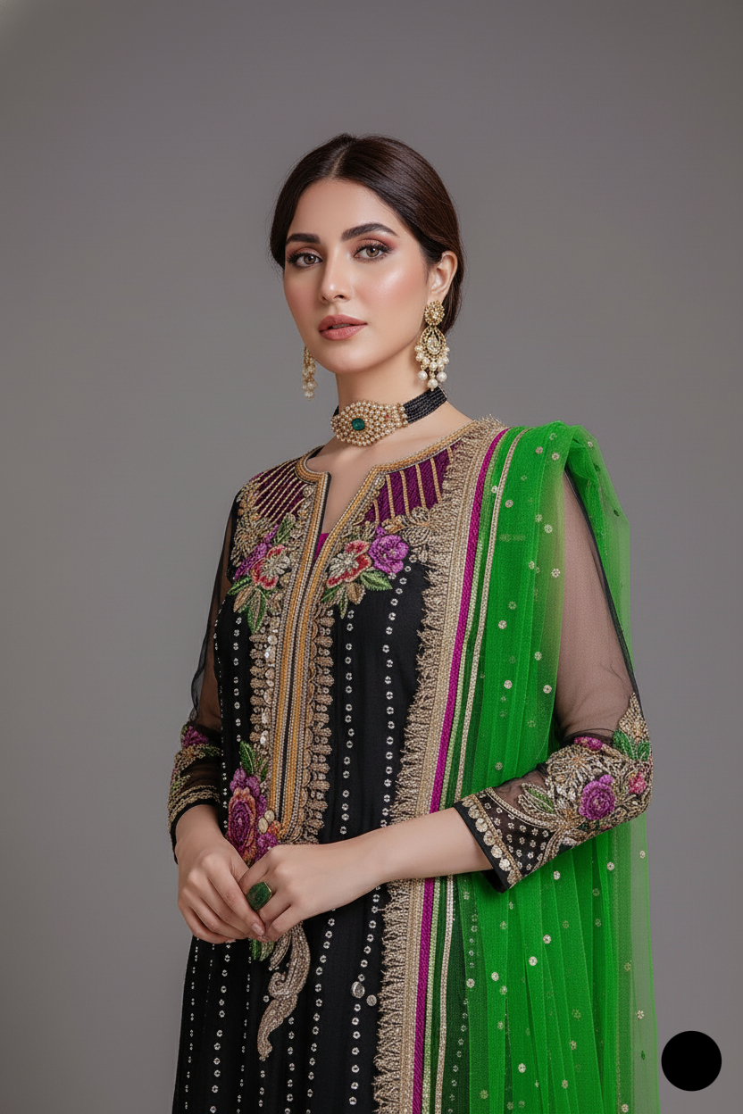 KB P232 Pakistani women's crinkle chiffon with banarsi jamawar trouser detail view