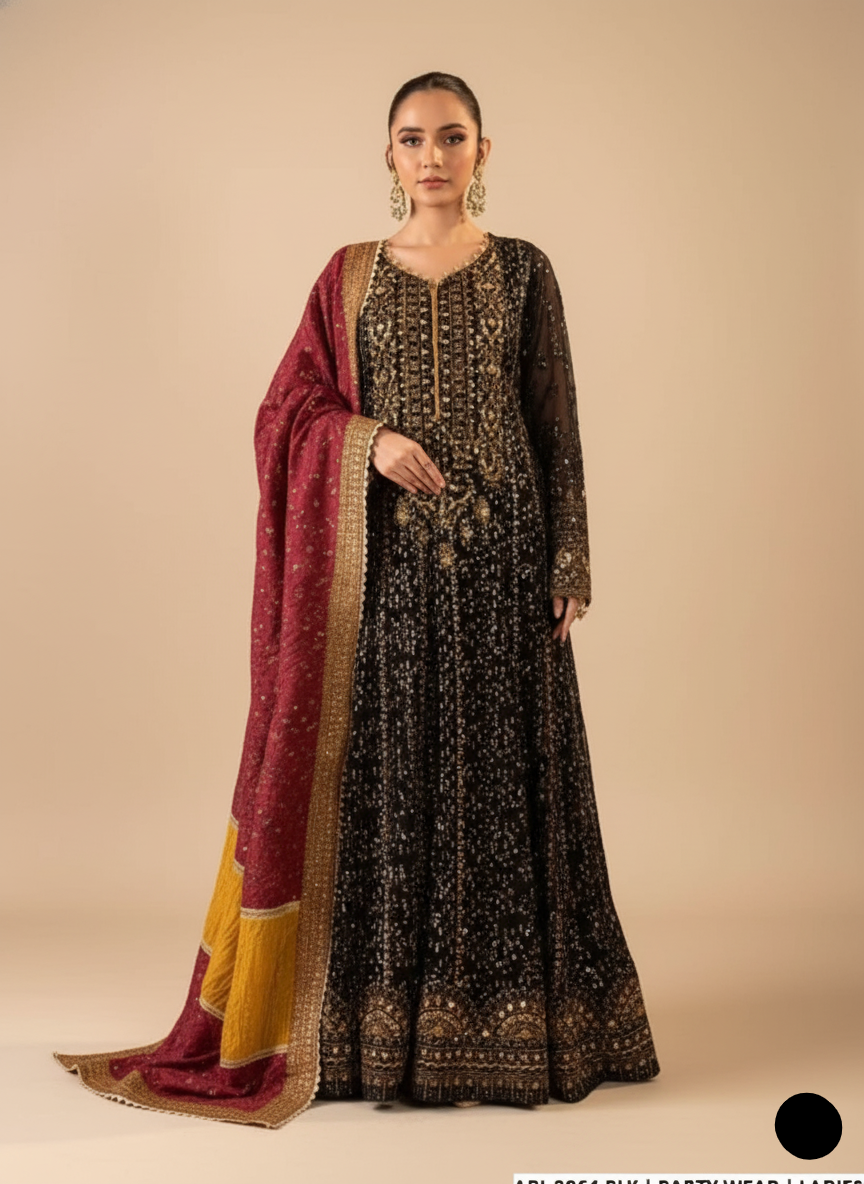 ABL 3864 Pakistani women's luxury chiffon maxi with embroidered dupatta detail view