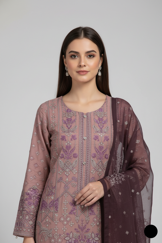 Tea pink chiffon Pakistani women's straight shirt with plazo side view