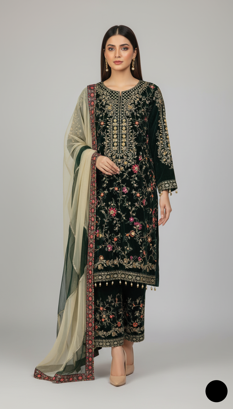 Velvet open shirt bottle green - Pakistani women's winter party wear with grip trouser and velvet dupatta front view