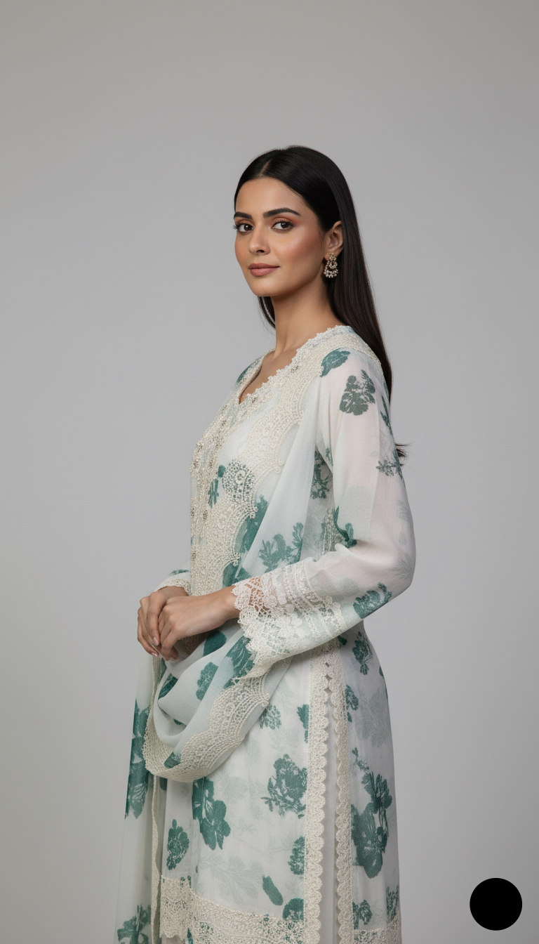 Pakistani women's green white organza A-Line shirt detail view