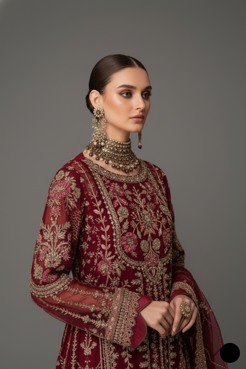 ABL 3989 Pakistani women's organza A-Line formal outfit detail view