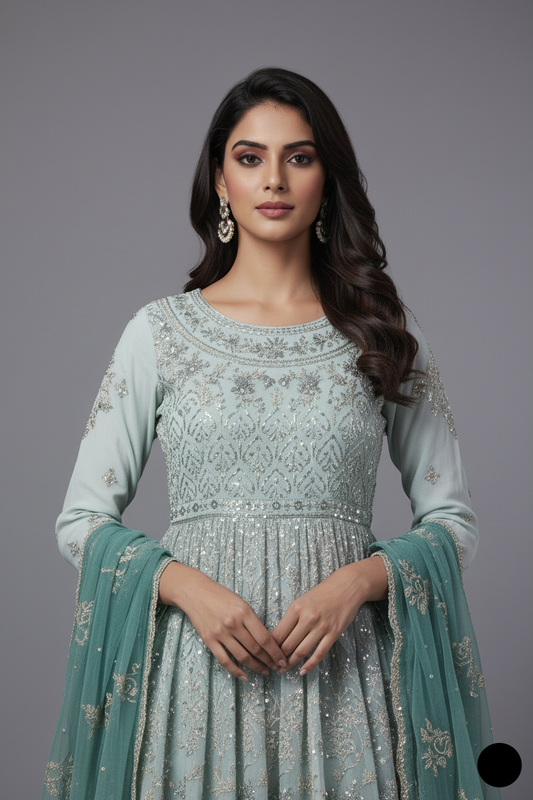 Light blue chiffon Pakistani women's straight shirt with plazo side view