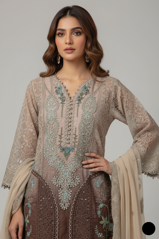 Chocolate brown organza Pakistani women's A-Line shirt side view