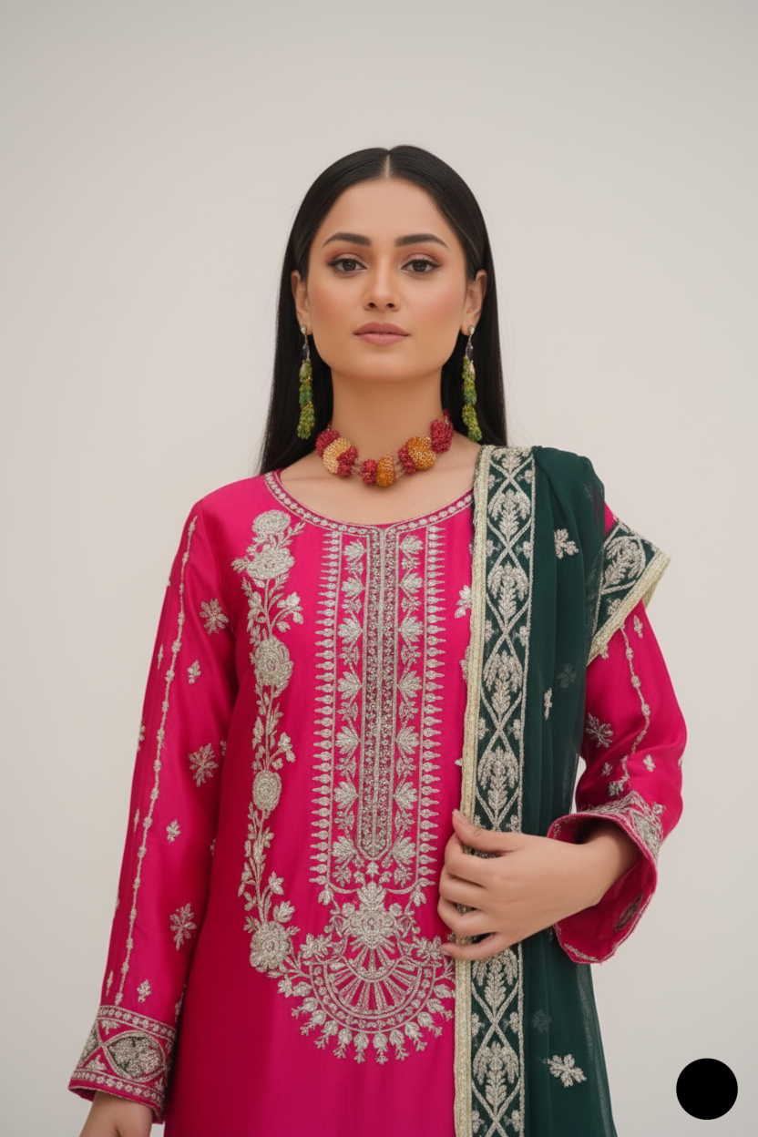 Shocking pink silk Pakistani women's straight shirt side view