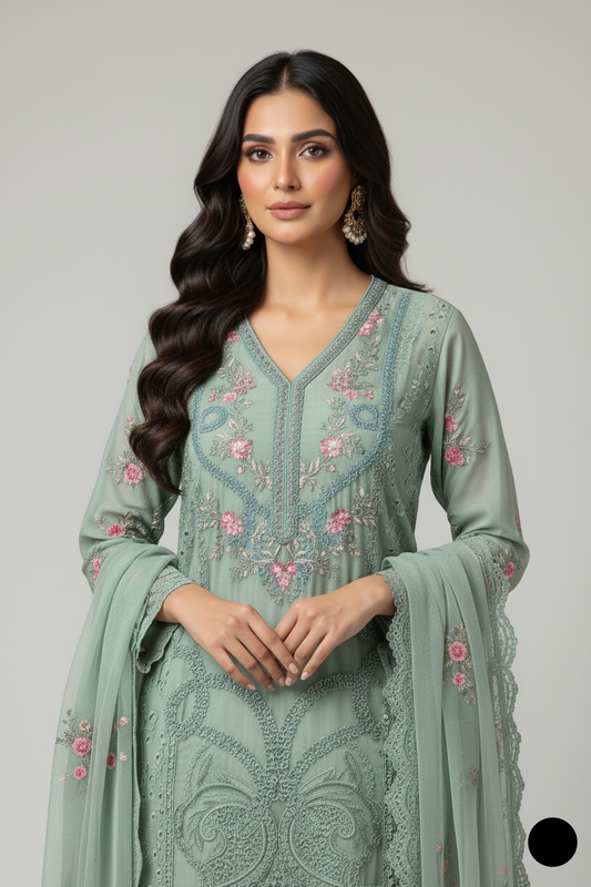 Light green chiffon Pakistani women's straight shirt with plazo side view