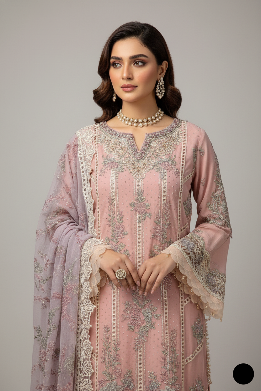 ABL 4076 Chiffon A-Line Pakistani women's outfit with matching dupatta side view