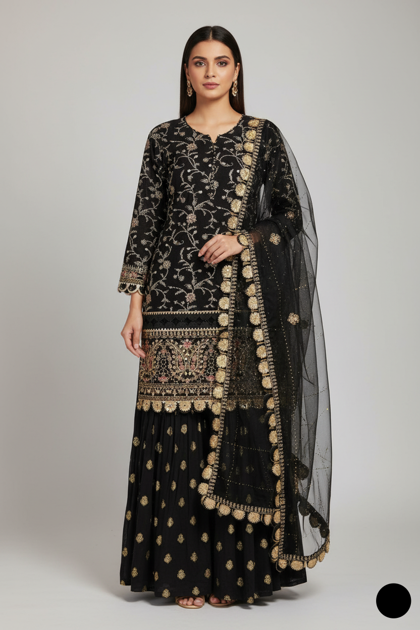 Chiffon shirt with gharara ABL 4117 BLK - Pakistani women's festive party wear front view