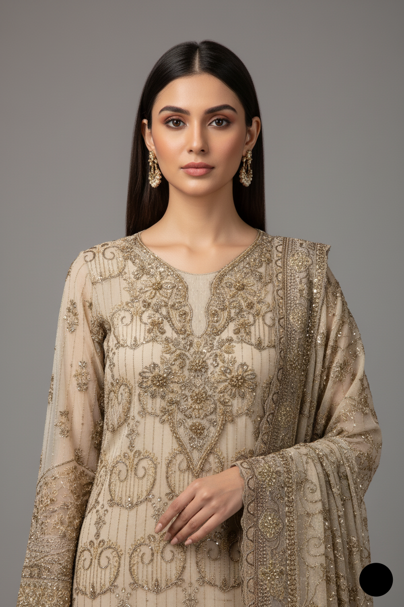 Masuri net A-Line shirt plazo ABL 3941 - Pakistani women's festive party wear with jamawar plazo front view