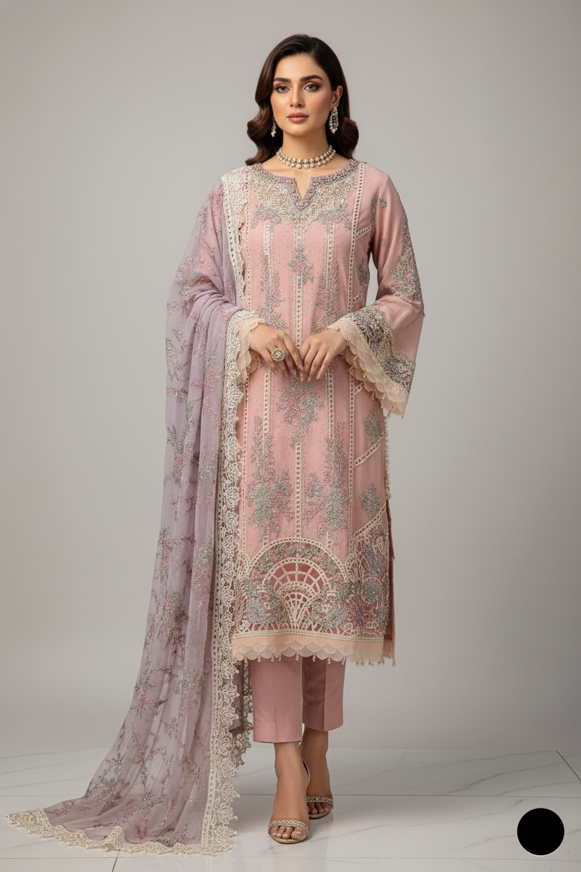 Chiffon A-Line shirt ABL 4076 - Pakistani women's elegant dress with viscose trouser front view