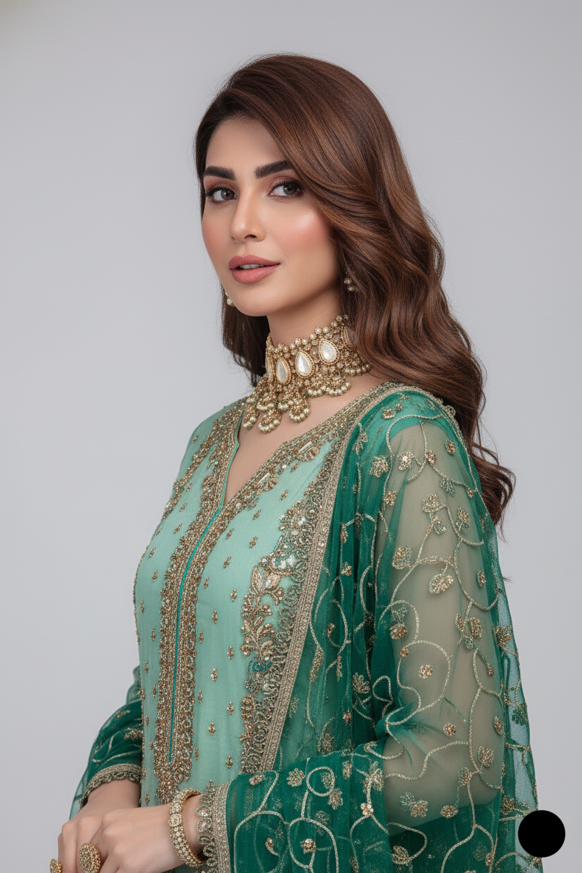 KB P235 Pakistani women's resham karandi embroidered outfit detail view