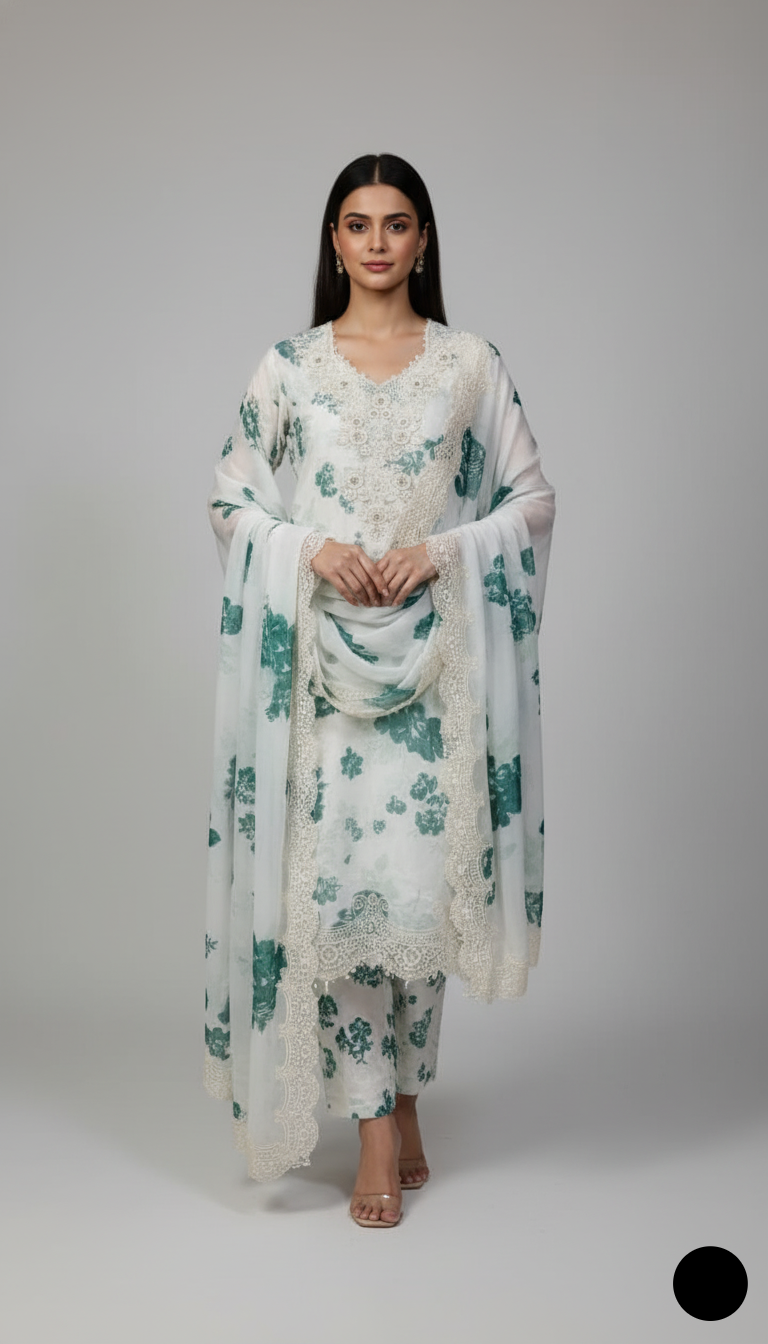 Organza A-Line shirt green white - Pakistani women's elegant formal wear with viscose trouser and organza dupatta front view