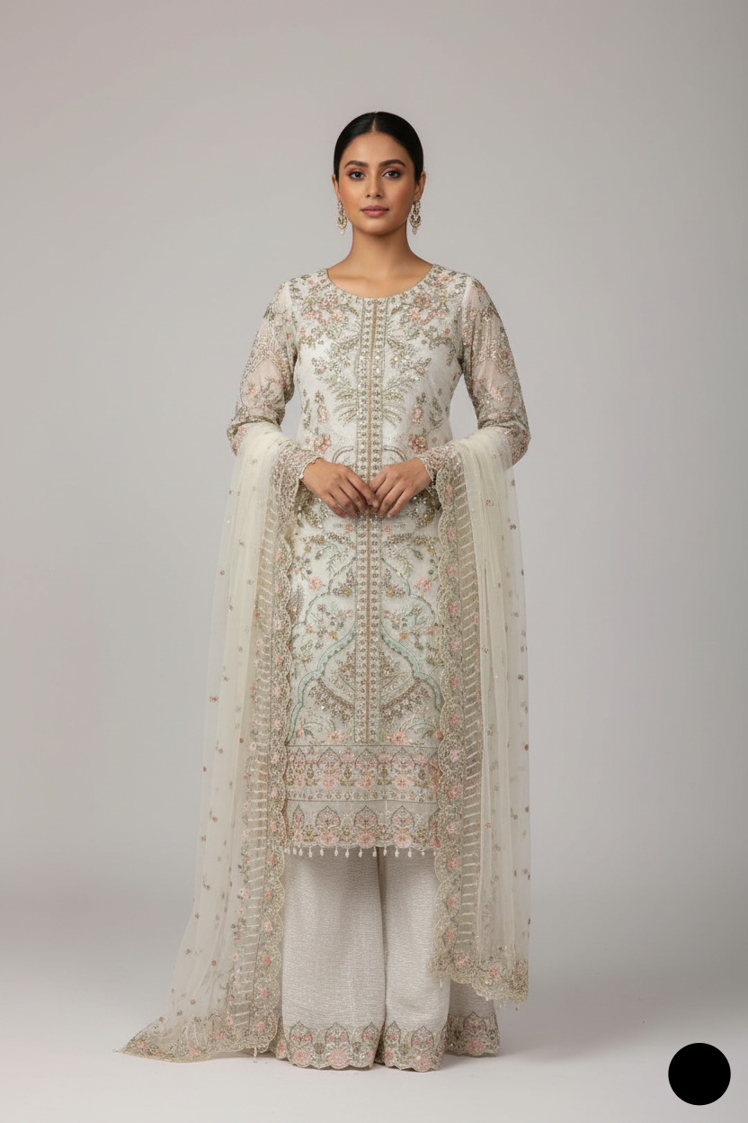 Organza short shirt off white - Pakistani women's casual formal wear with viscose trouser and organza dupatta front view