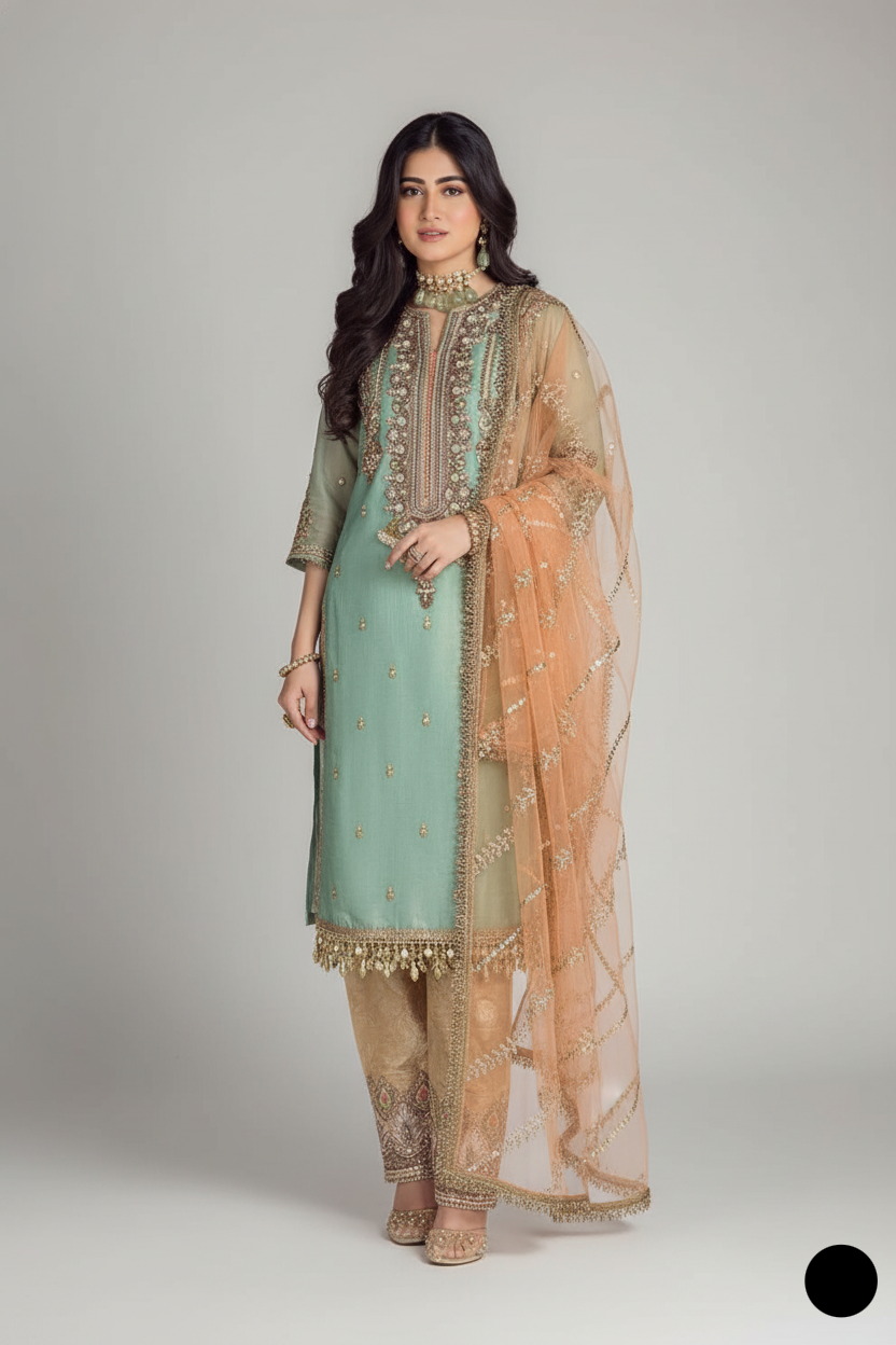 Pure resham mesuri embroidered shirt KB P237 trouser - Pakistani women's luxury formal wear with jamawar shalwar front view