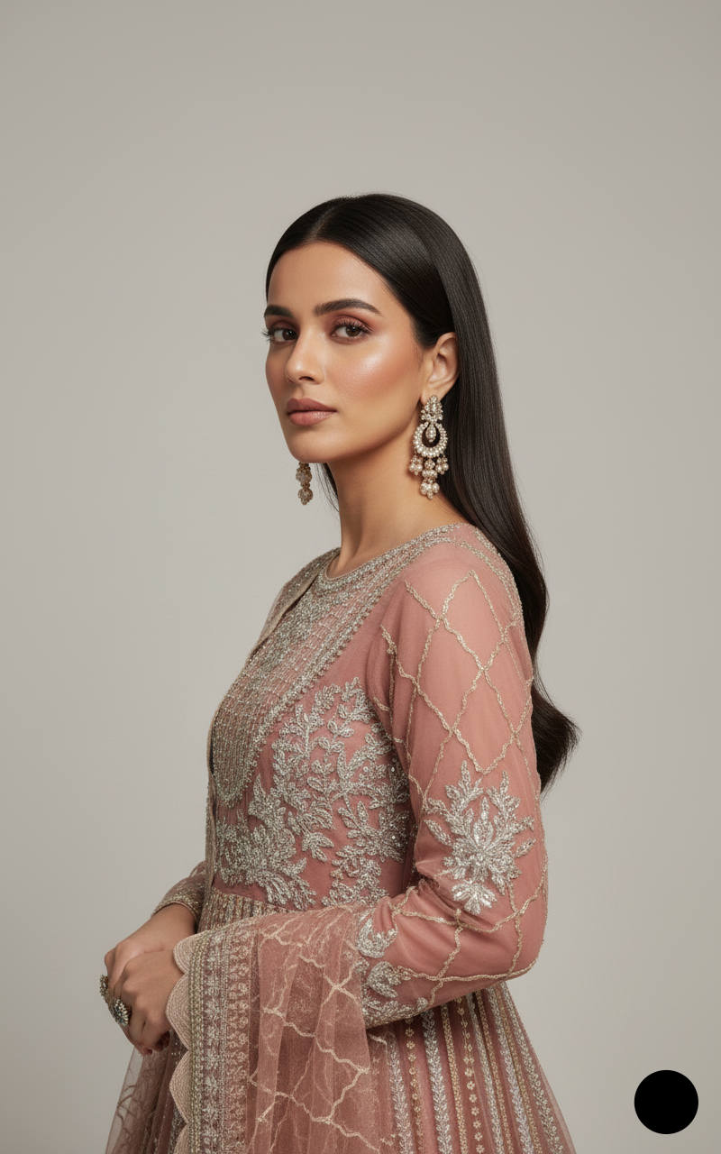 ABL 3987 Pakistani women's net long frock lehenga detail view