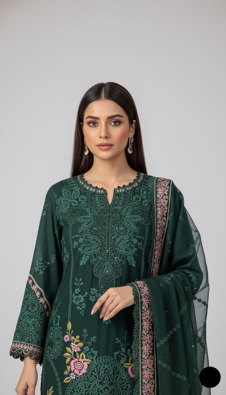 Bottle green organza Pakistani women's A-Line shirt side view