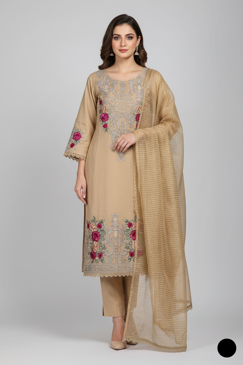 Lawn A-Line shirt fawn - Pakistani women's casual summer outfit with cotton trouser and lawn dupatta front view