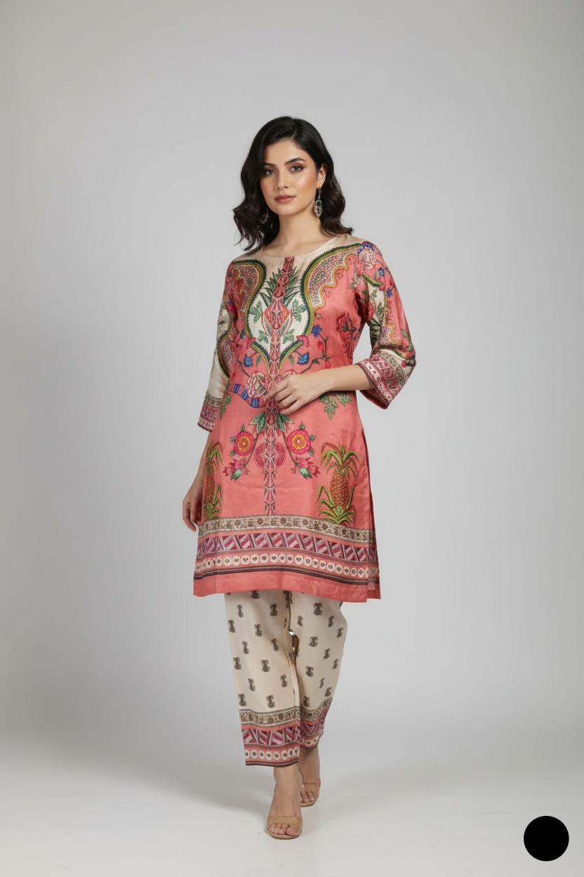 Lawn 2-piece printed - Pakistani women's casual summer outfit with cotton trouser and lawn dupatta front view