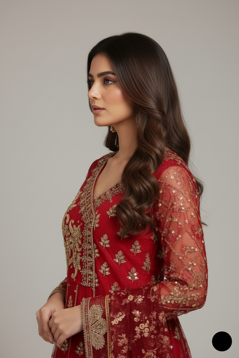 ABS 3174 Pakistani women's organza angrakha frock detail view