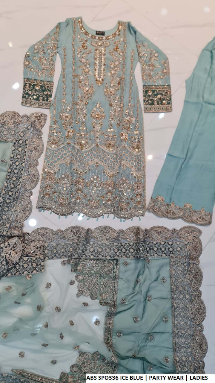 Pakistani women's ice blue chiffon straight shirt plazo back view