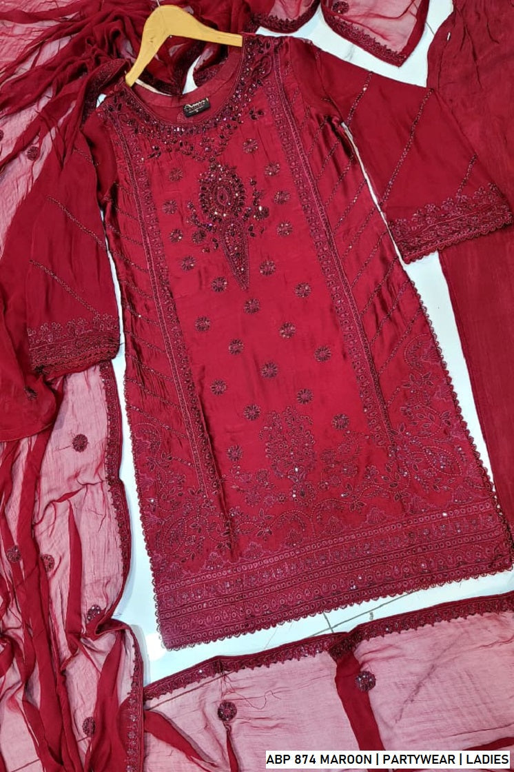 Pakistani women's maroon silk straight shirt back view