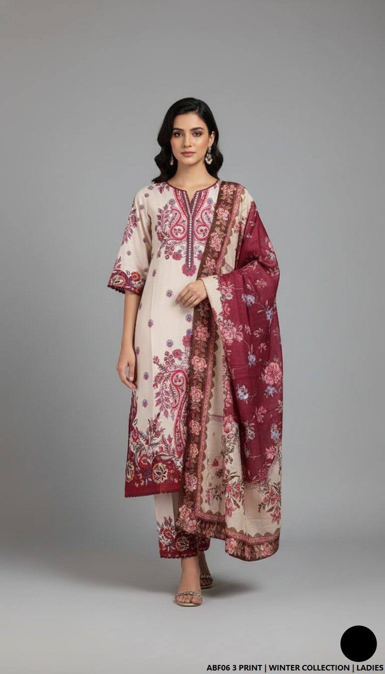 Khaddar printed 2-piece - Pakistani women's casual winter outfit with khaddar trouser and shawl front view
