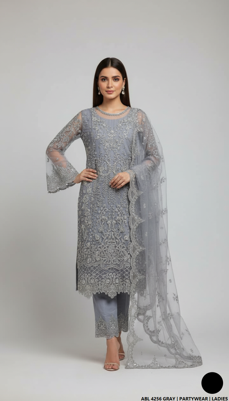 Organza straight shirt grey - Pakistani women's elegant formal wear with viscose trouser and organza dupatta front view
