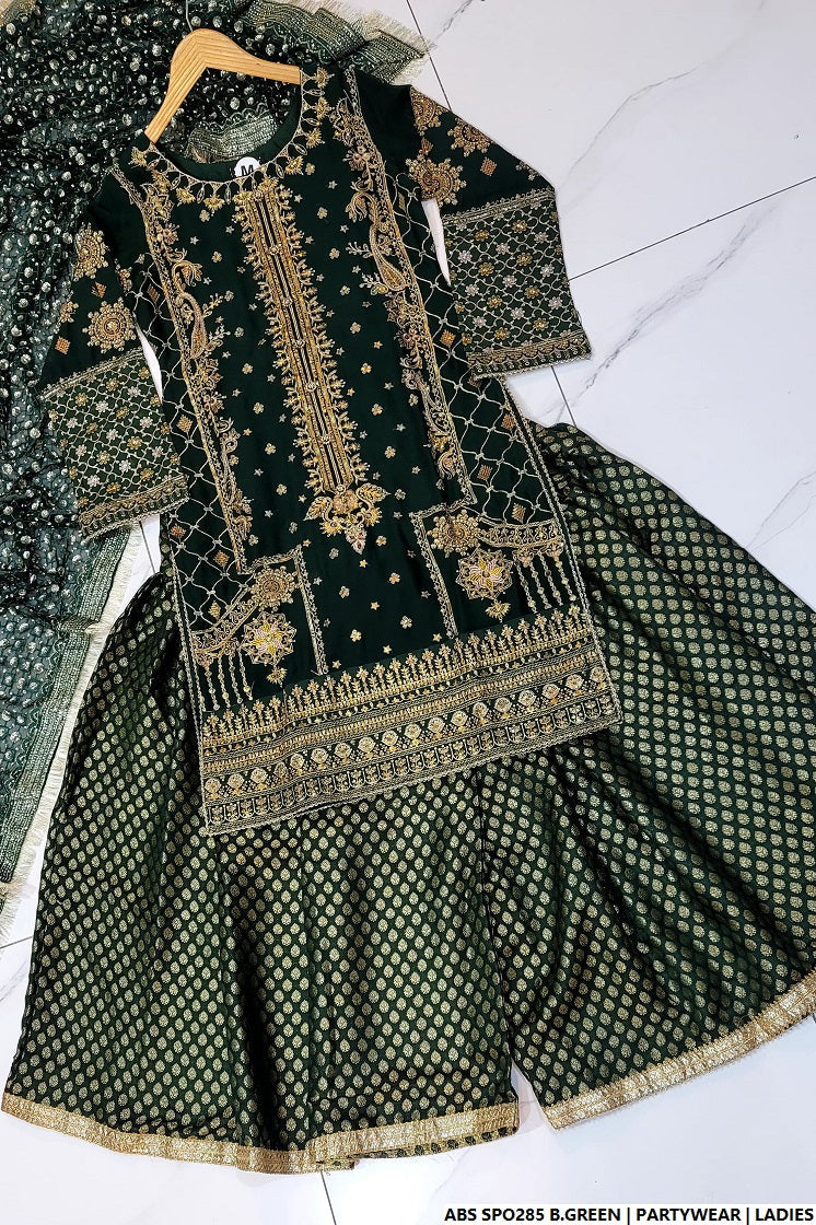 Pakistani women's bottle green chiffon straight shirt plazo back view